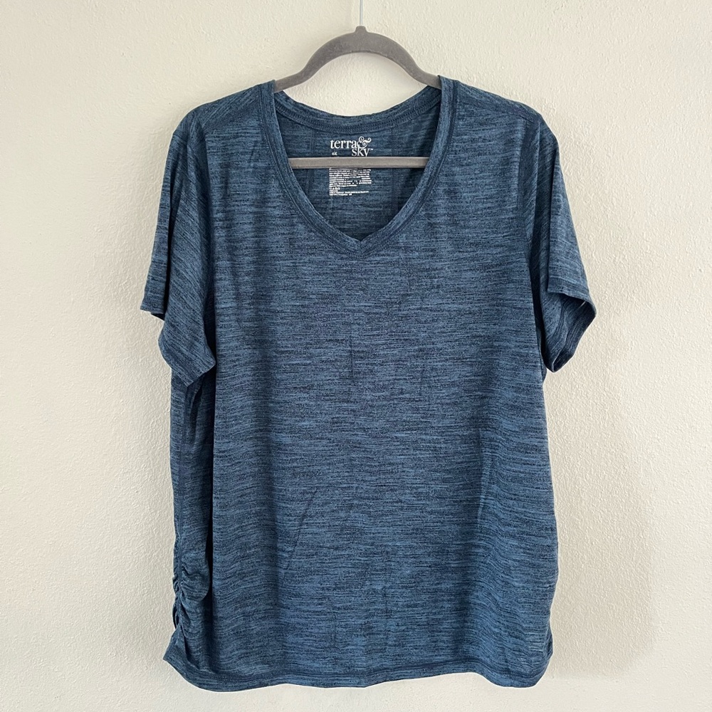 Terra & Sky Heathered Blue Short Sleeve V Neck Fitness Tee